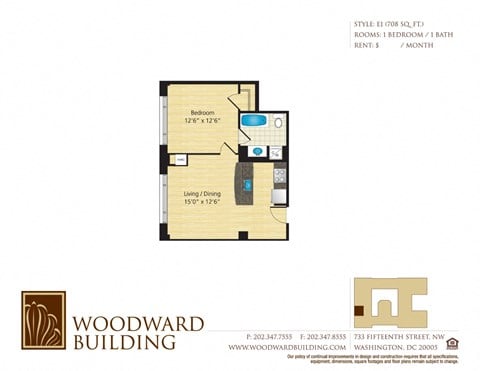 Floor plan for 1 bed, 1 bath, 708 sqft